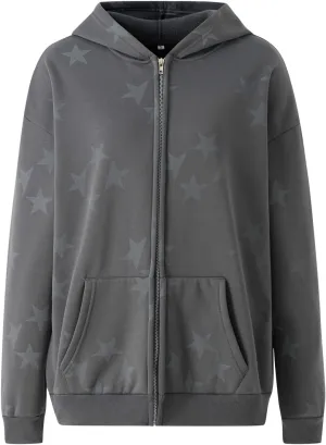 Newbgclo Women Zip Up Hoodies Y2k Vintage Stars Graphic Oversized Long Sleeve Sweatshirt E-Girl Aesthetic Jacket Streetwear