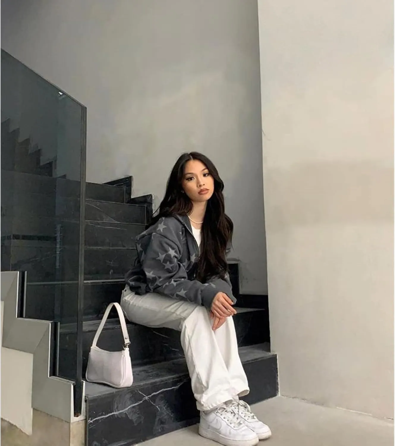Newbgclo Women Zip Up Hoodies Y2k Vintage Stars Graphic Oversized Long Sleeve Sweatshirt E-Girl Aesthetic Jacket Streetwear