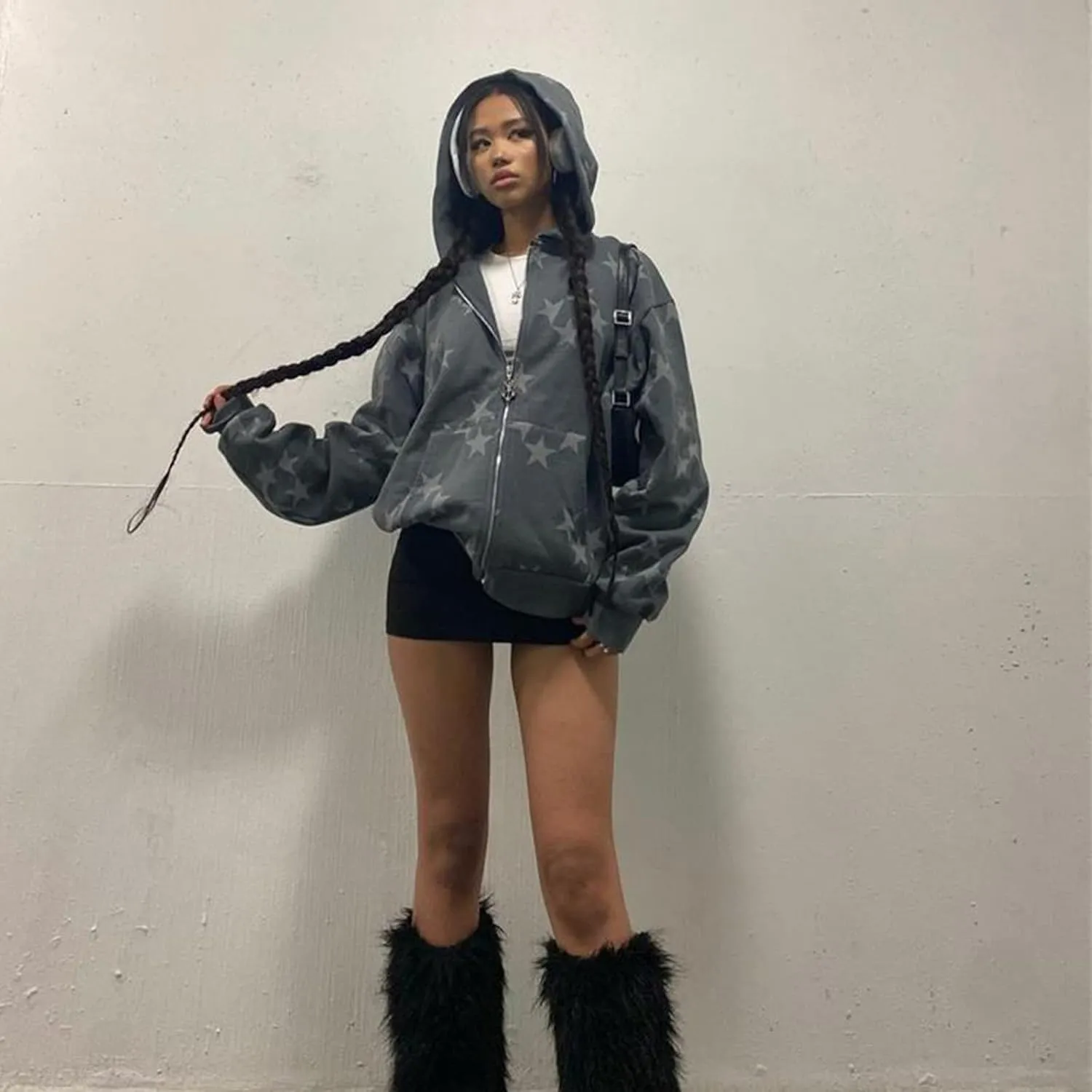 Newbgclo Women Zip Up Hoodies Y2k Vintage Stars Graphic Oversized Long Sleeve Sweatshirt E-Girl Aesthetic Jacket Streetwear