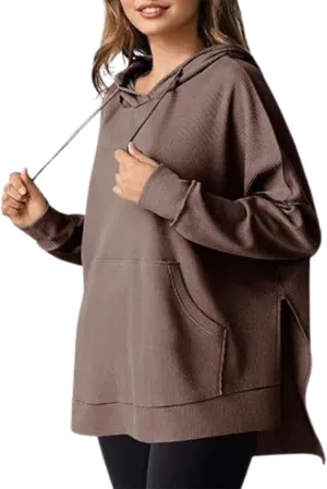 Oversized Hoodies for Women,Waffle Casual Long Sleeve Knit Drawstring Side Slit Pullover Sweatshirts with Pocket