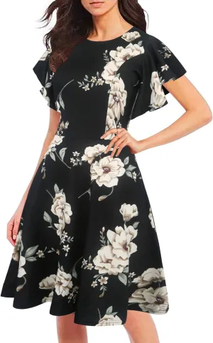 oxiuly Wedding Church Vintage Cocktail Dresses with Pockets Summer Casual Floral Dress for Women Flare376