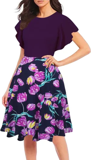 oxiuly Wedding Church Vintage Cocktail Dresses with Pockets Summer Casual Floral Dress for Women Flare376