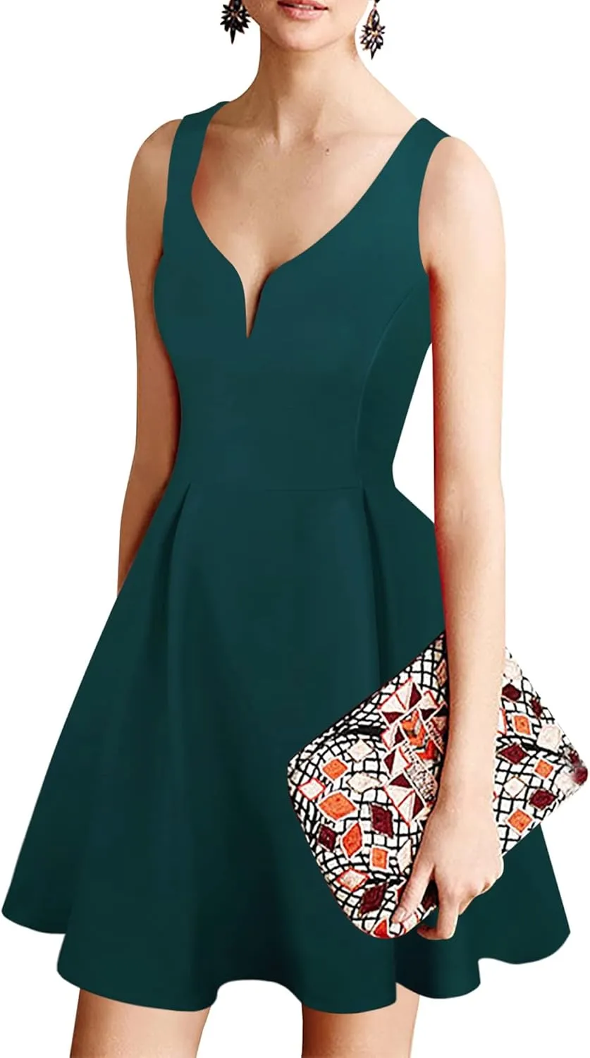 oxiuly Women's Sleeveless V Neck Casual Mini Dress Graduation Dinner Gowns Party Cocktail Dresses with Pockets OX366