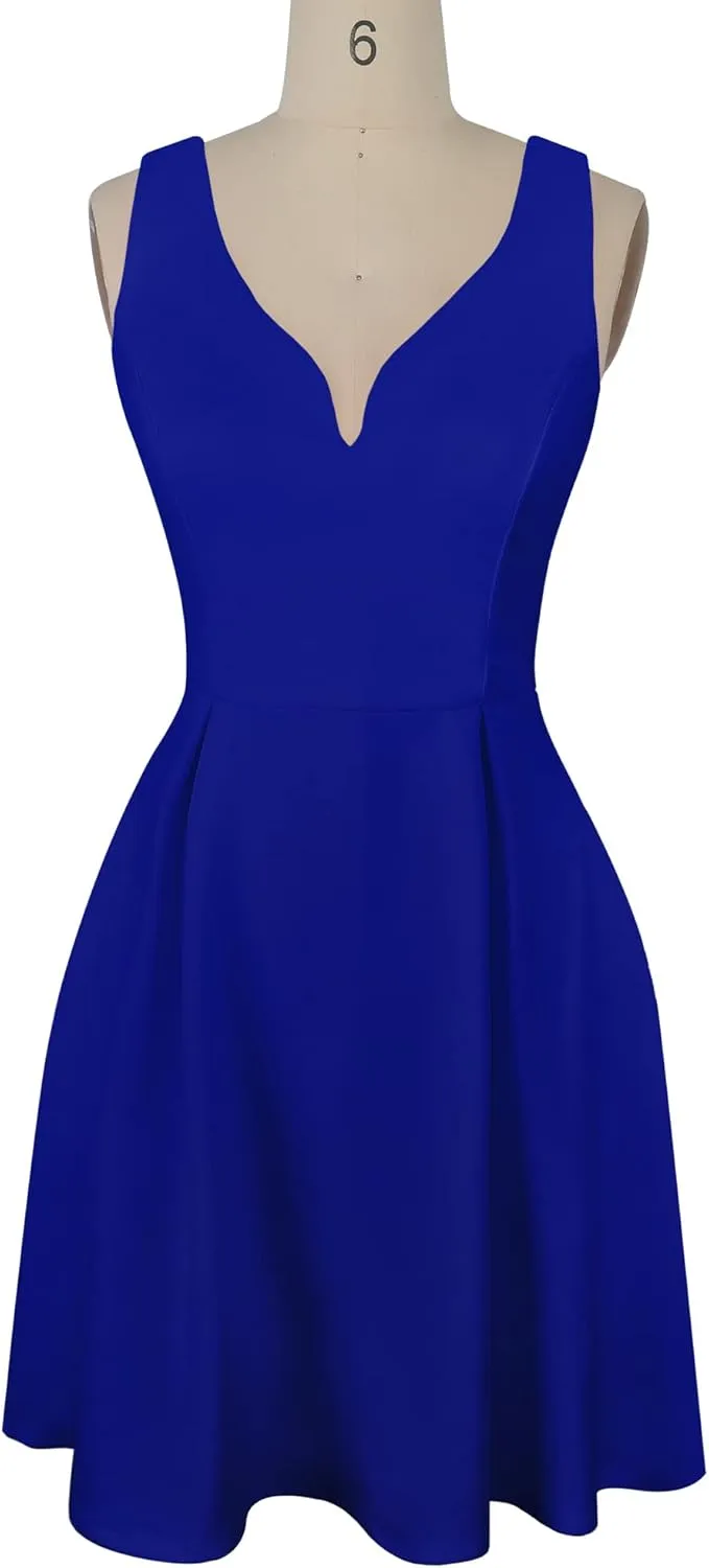 oxiuly Women's Sleeveless V Neck Casual Mini Dress Graduation Dinner Gowns Party Cocktail Dresses with Pockets OX366