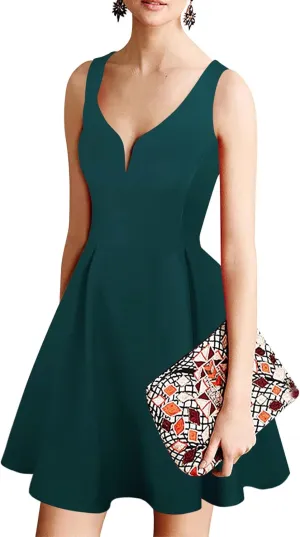 oxiuly Women's Sleeveless V Neck Casual Mini Dress Graduation Dinner Gowns Party Cocktail Dresses with Pockets OX366