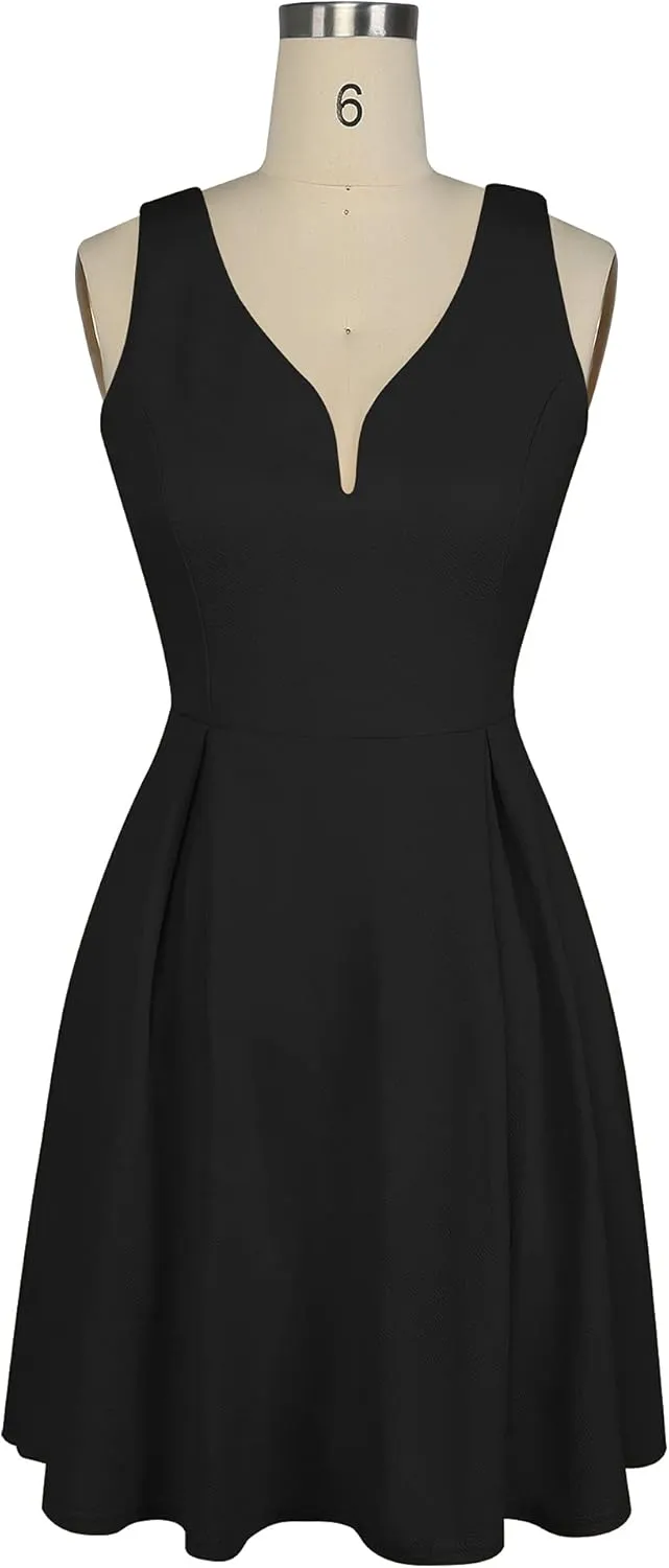 oxiuly Women's Sleeveless V Neck Casual Mini Dress Graduation Dinner Gowns Party Cocktail Dresses with Pockets OX366