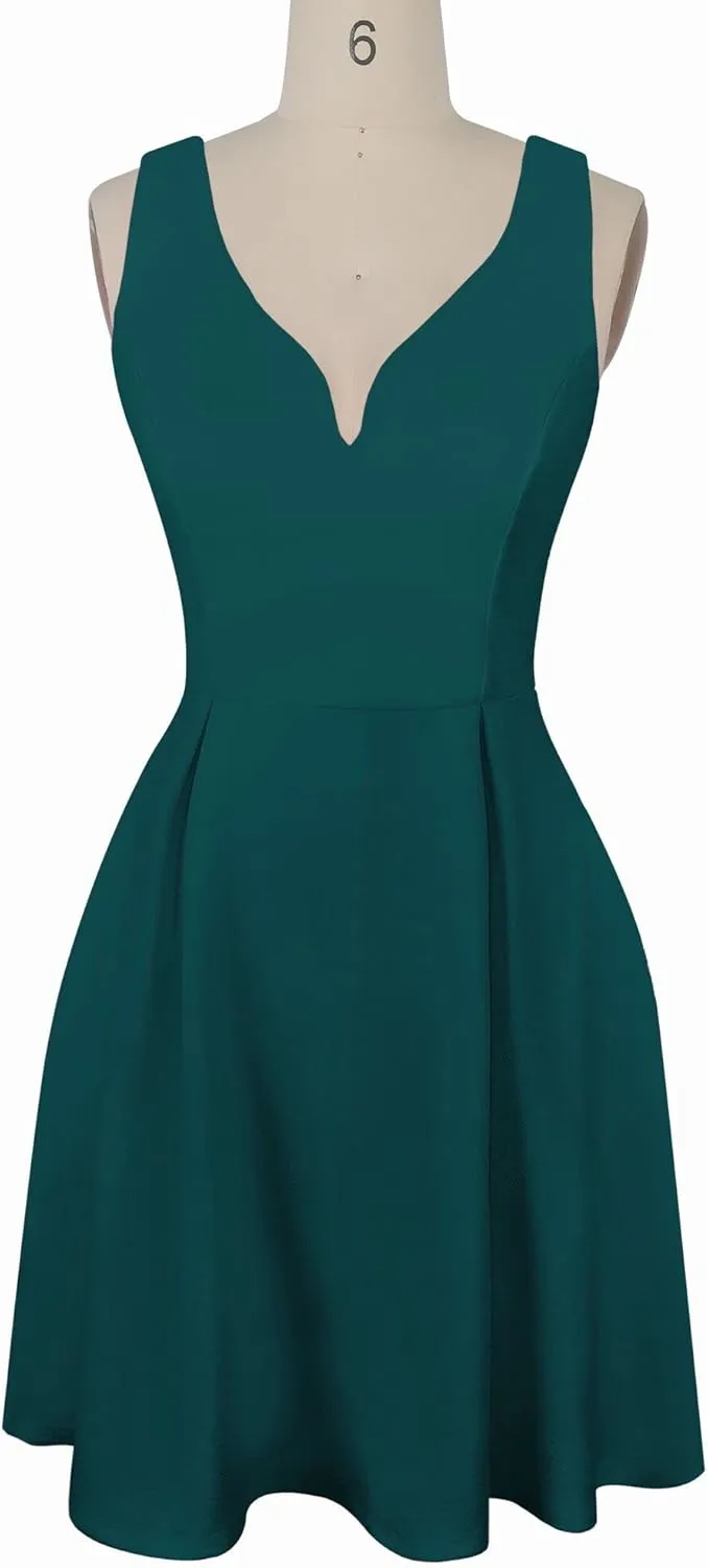 oxiuly Women's Sleeveless V Neck Casual Mini Dress Graduation Dinner Gowns Party Cocktail Dresses with Pockets OX366