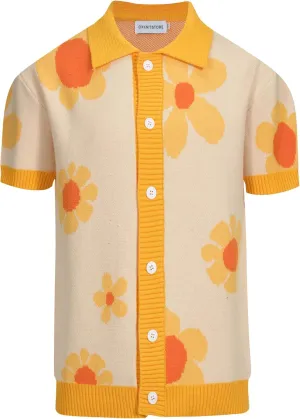 OXKNIT Men's Short-Sleeved Knit Polo with Flowers Casual Button Down Cardigan