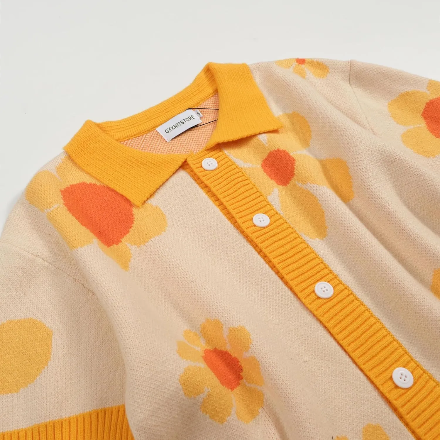 OXKNIT Men's Short-Sleeved Knit Polo with Flowers Casual Button Down Cardigan