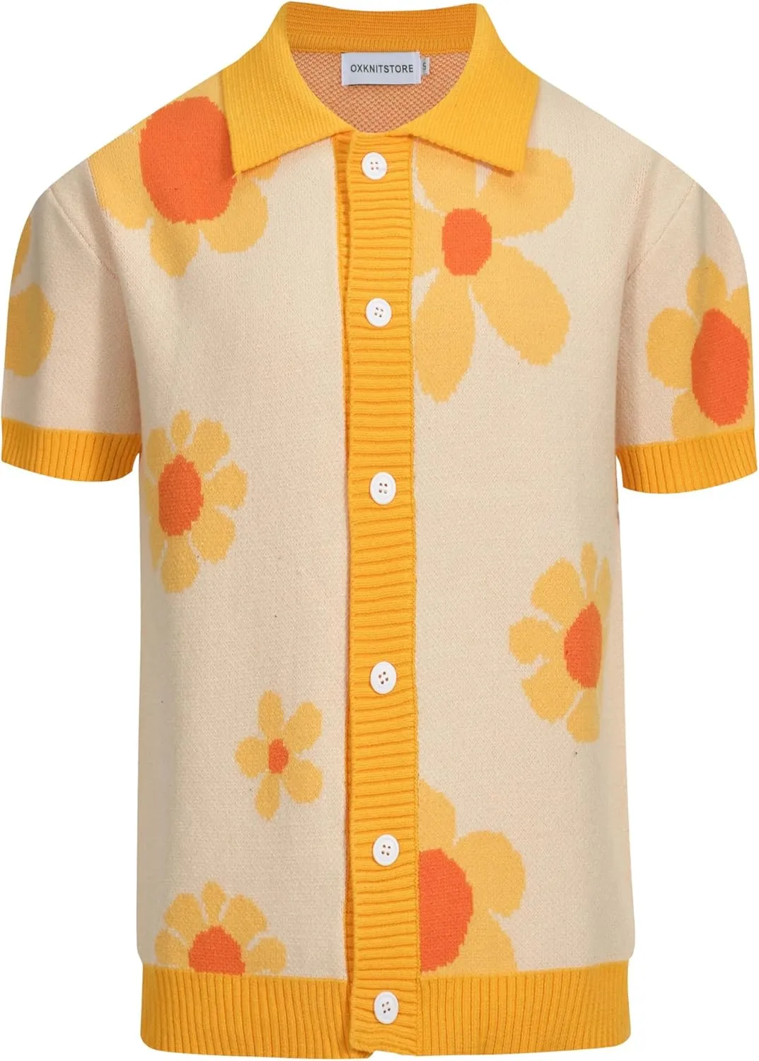OXKNIT Men's Short-Sleeved Knit Polo with Flowers Casual Button Down Cardigan