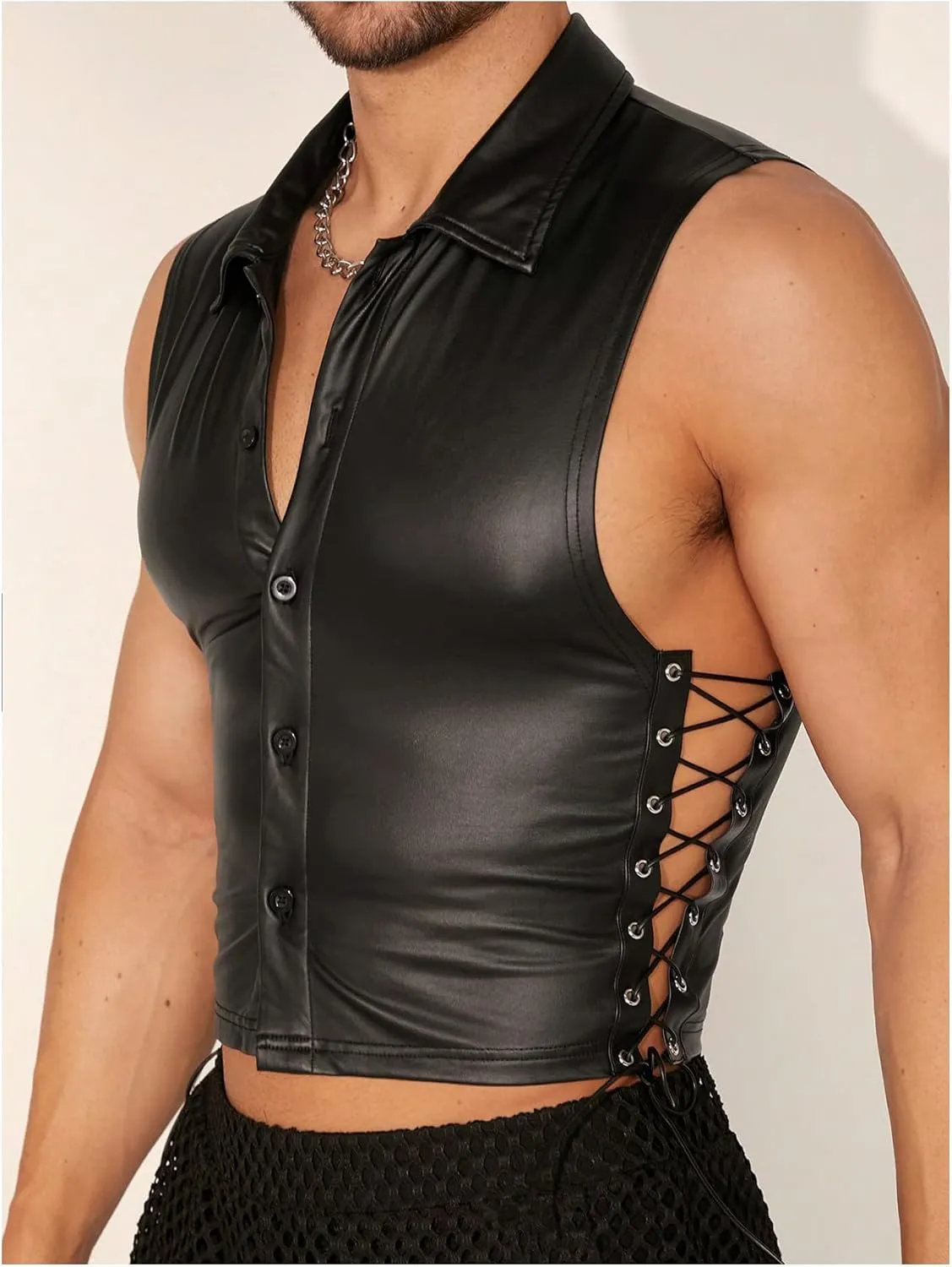 OYOANGLE Men's Faux Leather Tank Tops Sleeveless Fitted Muscle Undershirt Button Down Vest Top Nightwear