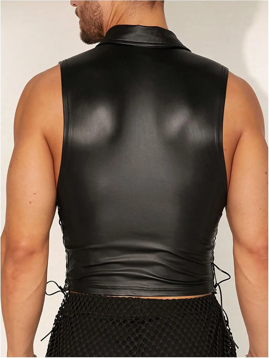 OYOANGLE Men's Faux Leather Tank Tops Sleeveless Fitted Muscle Undershirt Button Down Vest Top Nightwear