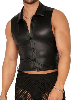 OYOANGLE Men's Faux Leather Tank Tops Sleeveless Fitted Muscle Undershirt Button Down Vest Top Nightwear