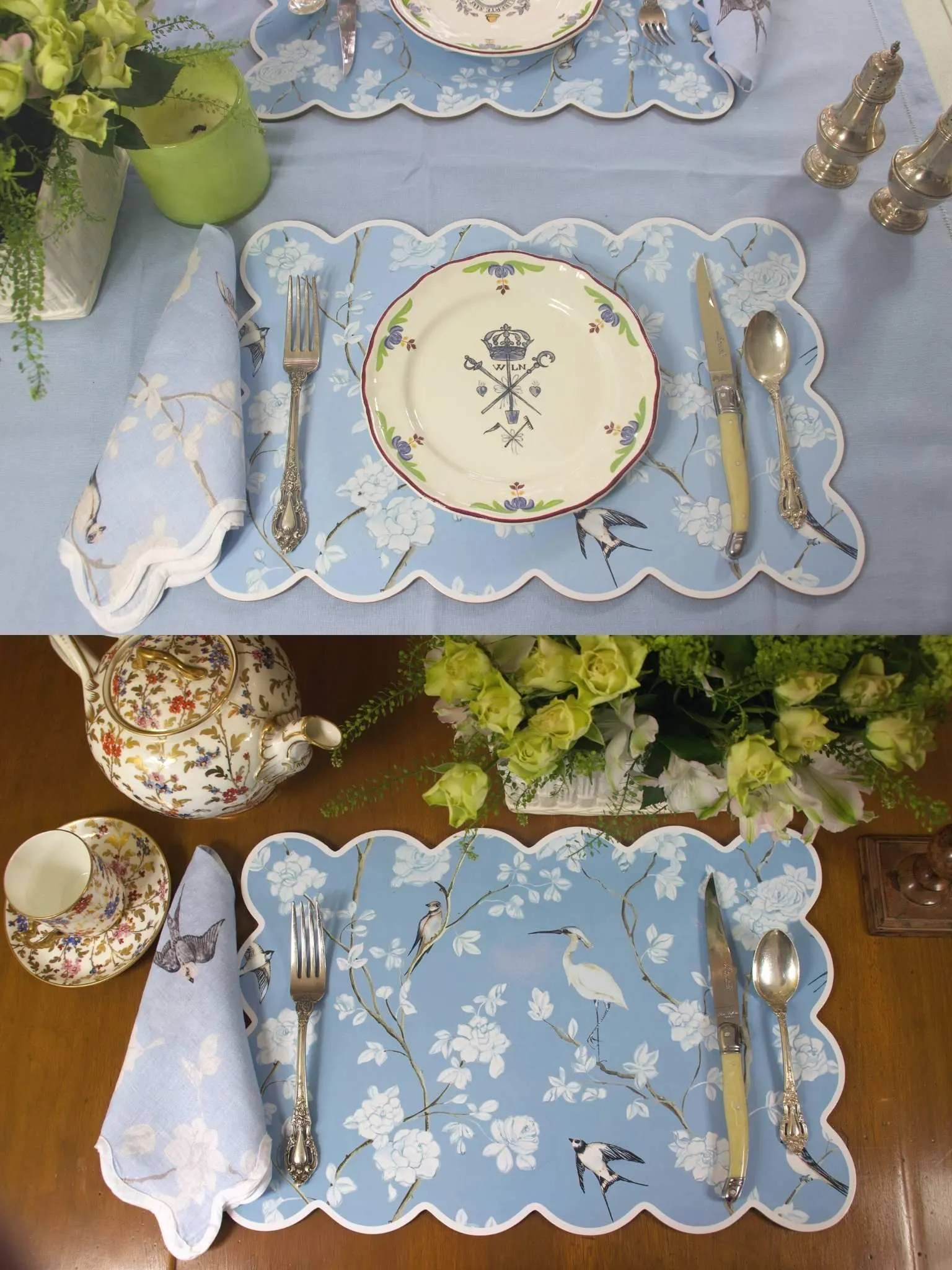 Pale Blue Gardenia Cork Backed Scalloped Placemats (set of 4)