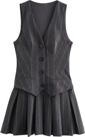 Pantete Womens Summer 2 Piece Skirt Set V Neck Button Vest Tops and Pleated Mini Skirts