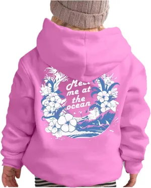 Pink Pom Puff Hoodies For Kids Meet Me At The Ocean Cute Preppy Sweatshirt Teen Girls Oversized Y2K Casual Pullover