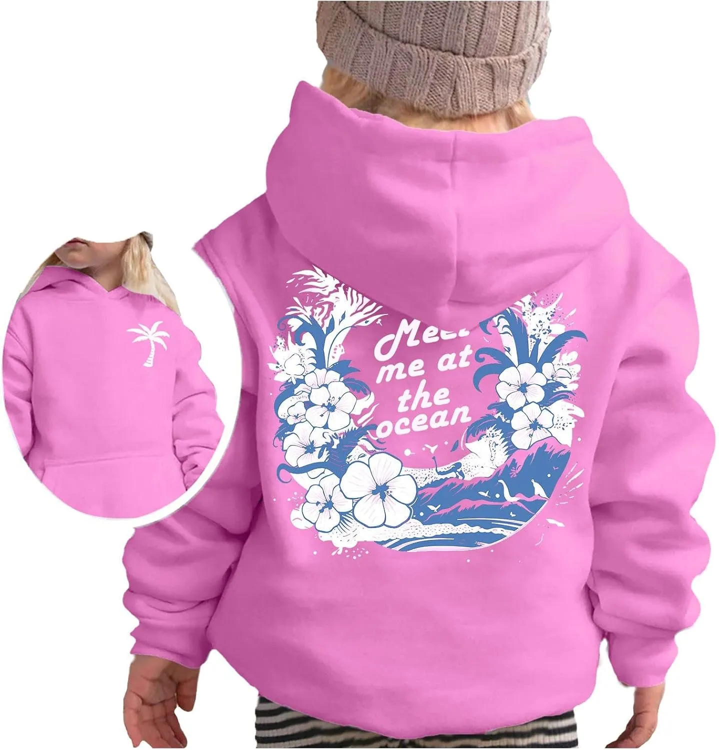 Pink Pom Puff Hoodies For Kids Meet Me At The Ocean Cute Preppy Sweatshirt Teen Girls Oversized Y2K Casual Pullover