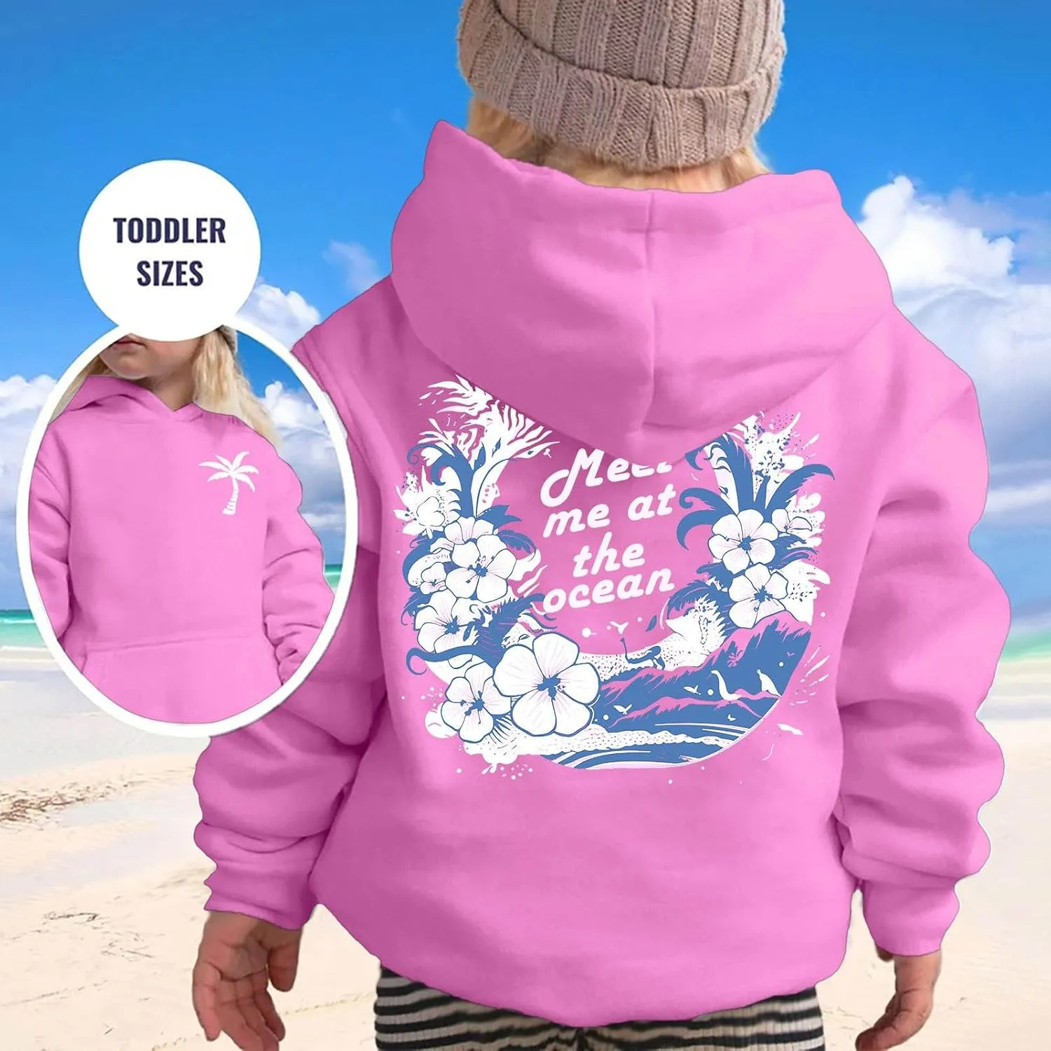 Pink Pom Puff Hoodies For Kids Meet Me At The Ocean Cute Preppy Sweatshirt Teen Girls Oversized Y2K Casual Pullover