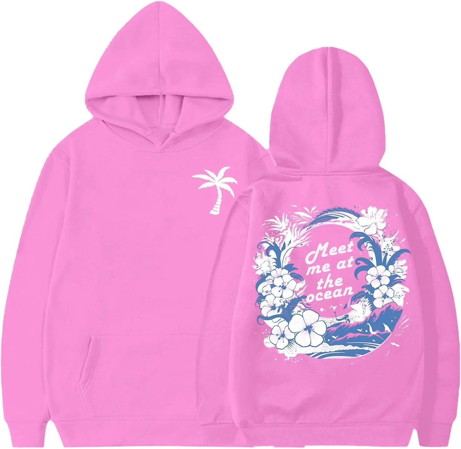 Pink Pom Puff Hoodies For Kids Meet Me At The Ocean Cute Preppy Sweatshirt Teen Girls Oversized Y2K Casual Pullover