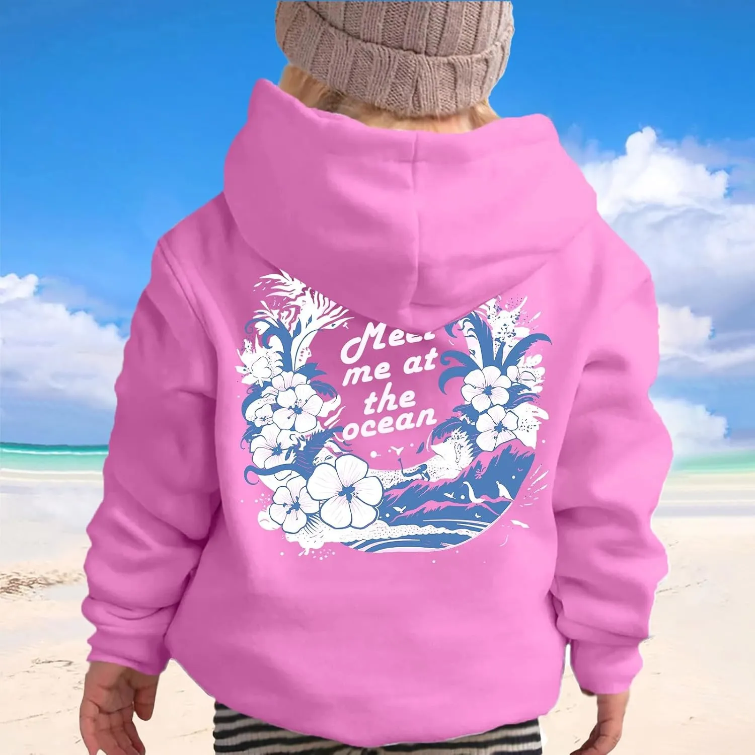 Pink Pom Puff Hoodies For Kids Meet Me At The Ocean Cute Preppy Sweatshirt Teen Girls Oversized Y2K Casual Pullover