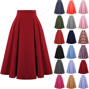 Plaid Skirts for Women High Waist A Line Bodycon Cute Midi Skirts Fall Winter Comfy Knee Length Skirt with Pockets