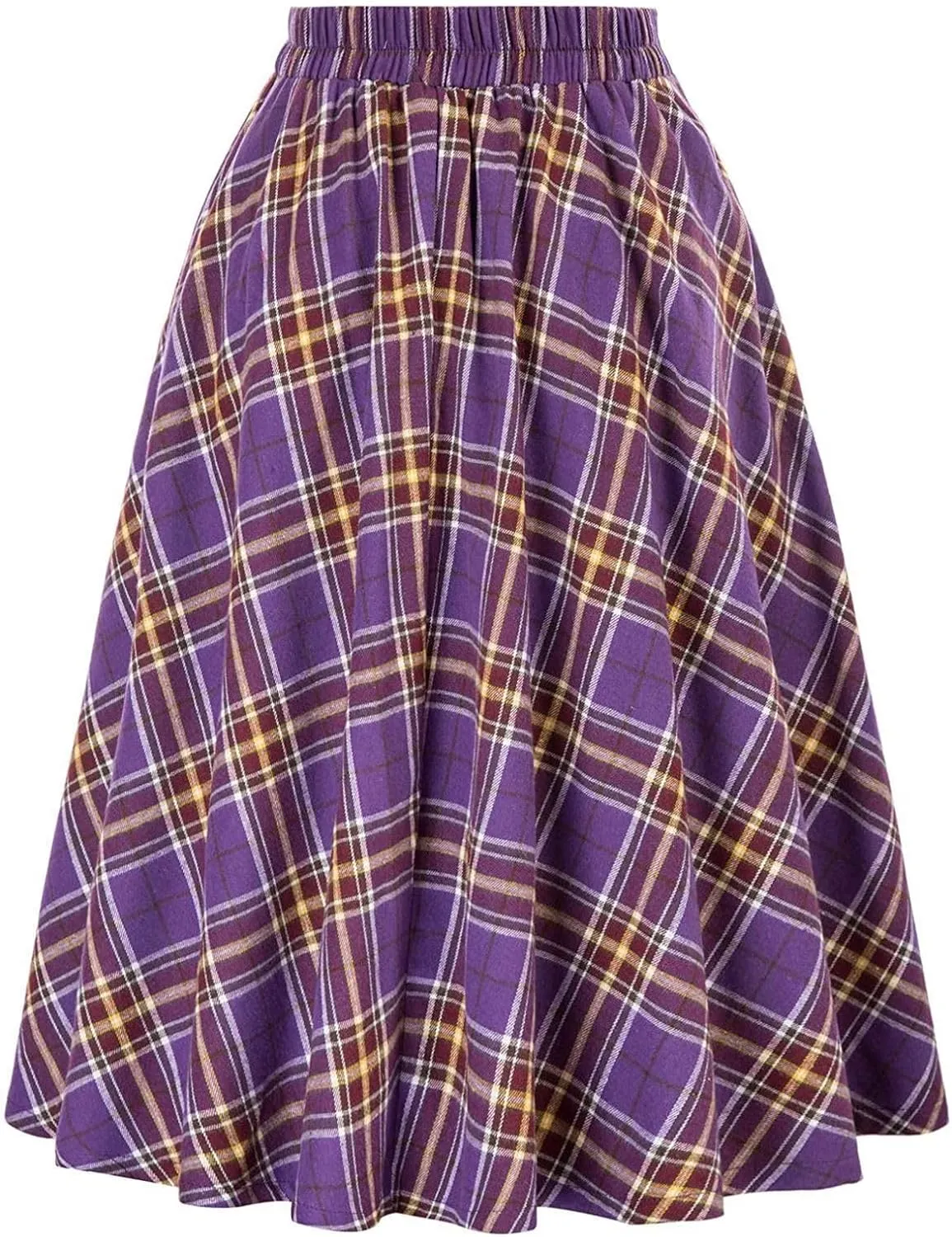Plaid Skirts for Women High Waist A Line Bodycon Cute Midi Skirts Fall Winter Comfy Knee Length Skirt with Pockets