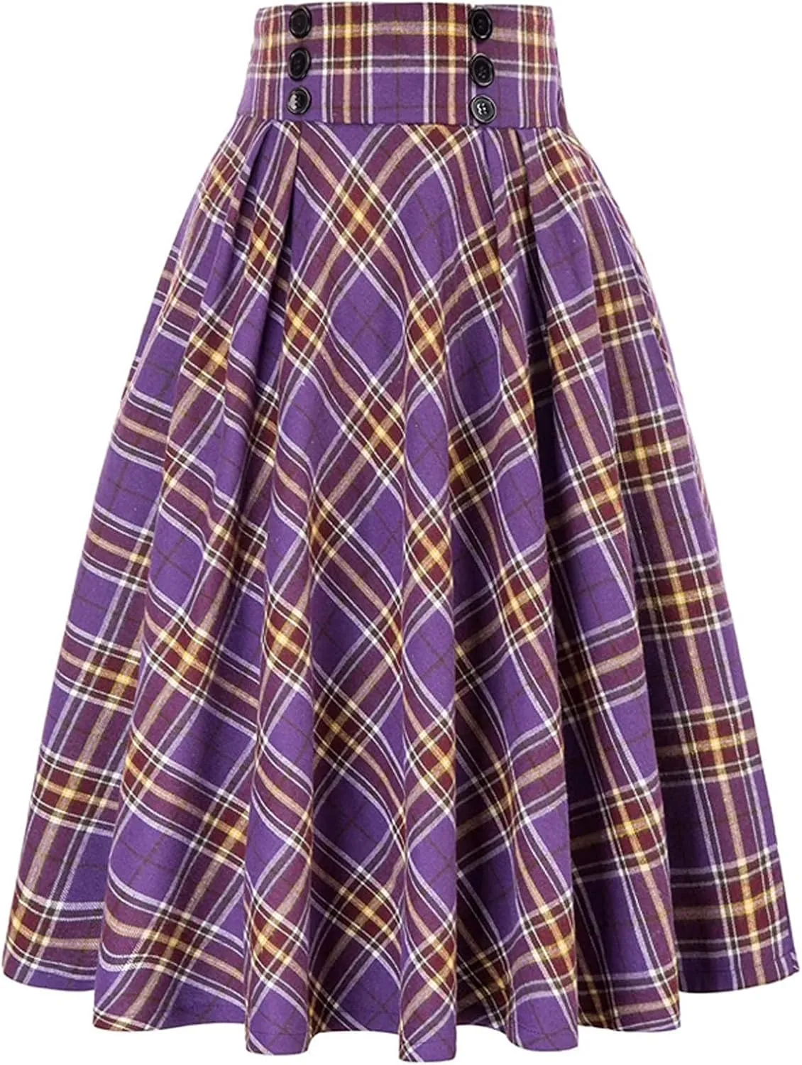 Plaid Skirts for Women High Waist A Line Bodycon Cute Midi Skirts Fall Winter Comfy Knee Length Skirt with Pockets