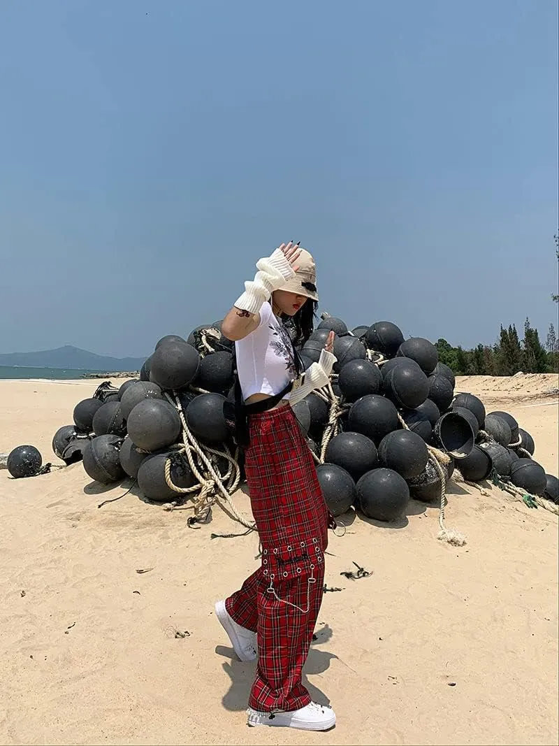 Pooyikoi Goth Cargo Pants Women Hippie red Plaid Pants Harajuku Streetwear Chain Checked Trousers High Waist Pants
