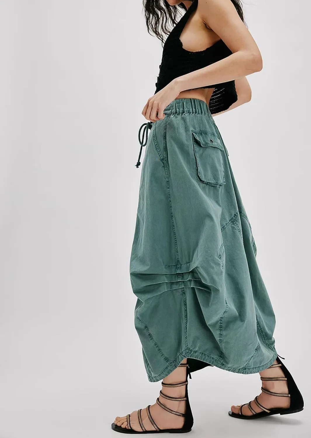 Poplin Midi Skirt for Women Cotton Baggy Drawstring Parachute Skirt Casual Cargo Maxi Long Skirts with Pockets 2025