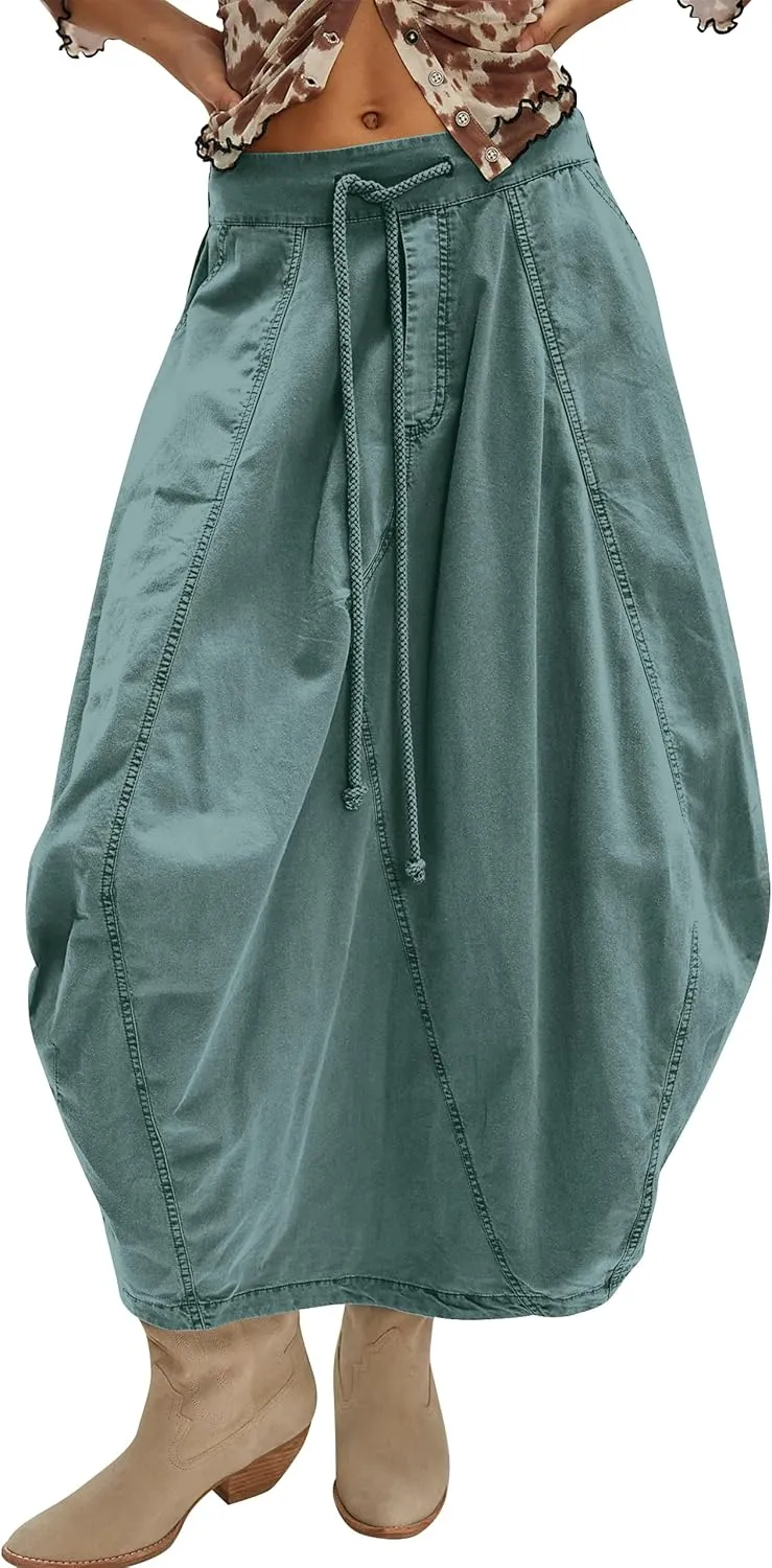 Poplin Midi Skirt for Women Cotton Baggy Drawstring Parachute Skirt Casual Cargo Maxi Long Skirts with Pockets 2025