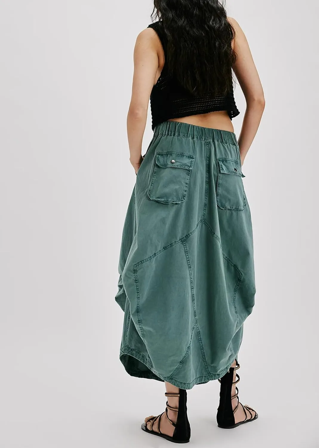 Poplin Midi Skirt for Women Cotton Baggy Drawstring Parachute Skirt Casual Cargo Maxi Long Skirts with Pockets 2025