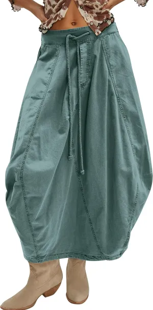 Poplin Midi Skirt for Women Cotton Baggy Drawstring Parachute Skirt Casual Cargo Maxi Long Skirts with Pockets 2025