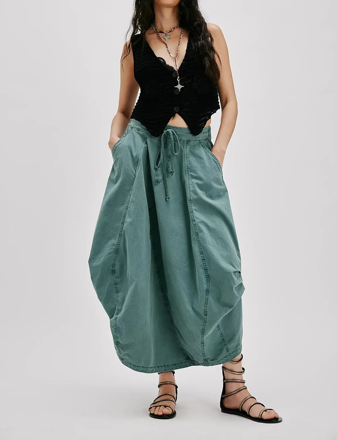 Poplin Midi Skirt for Women Cotton Baggy Drawstring Parachute Skirt Casual Cargo Maxi Long Skirts with Pockets 2025