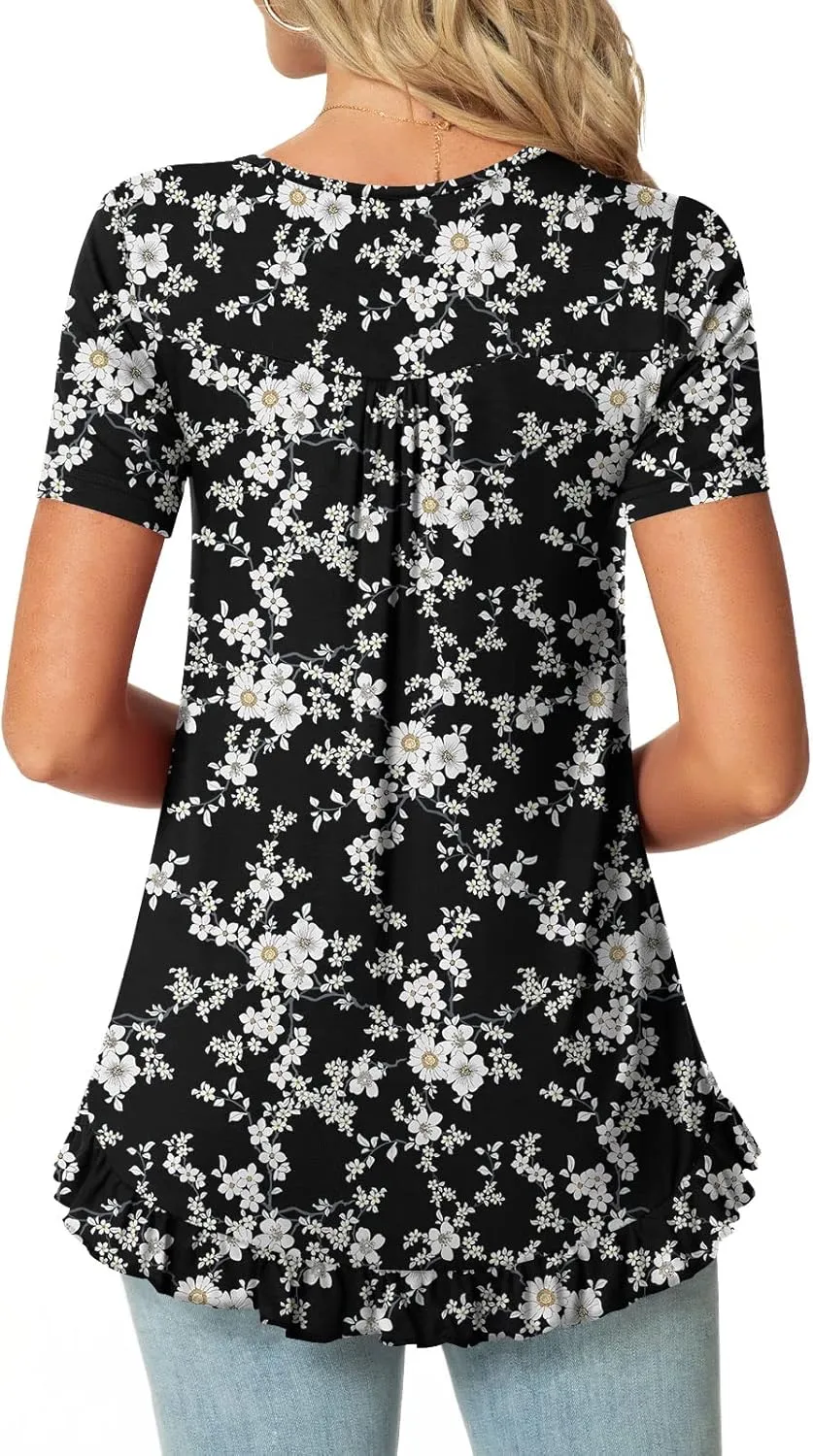 POPYOUNG Tunic Tops for Women Dressy Loose Fit Casual Short Sleeve Long Shirts Ruffled Hem Blouse wear with Leggings