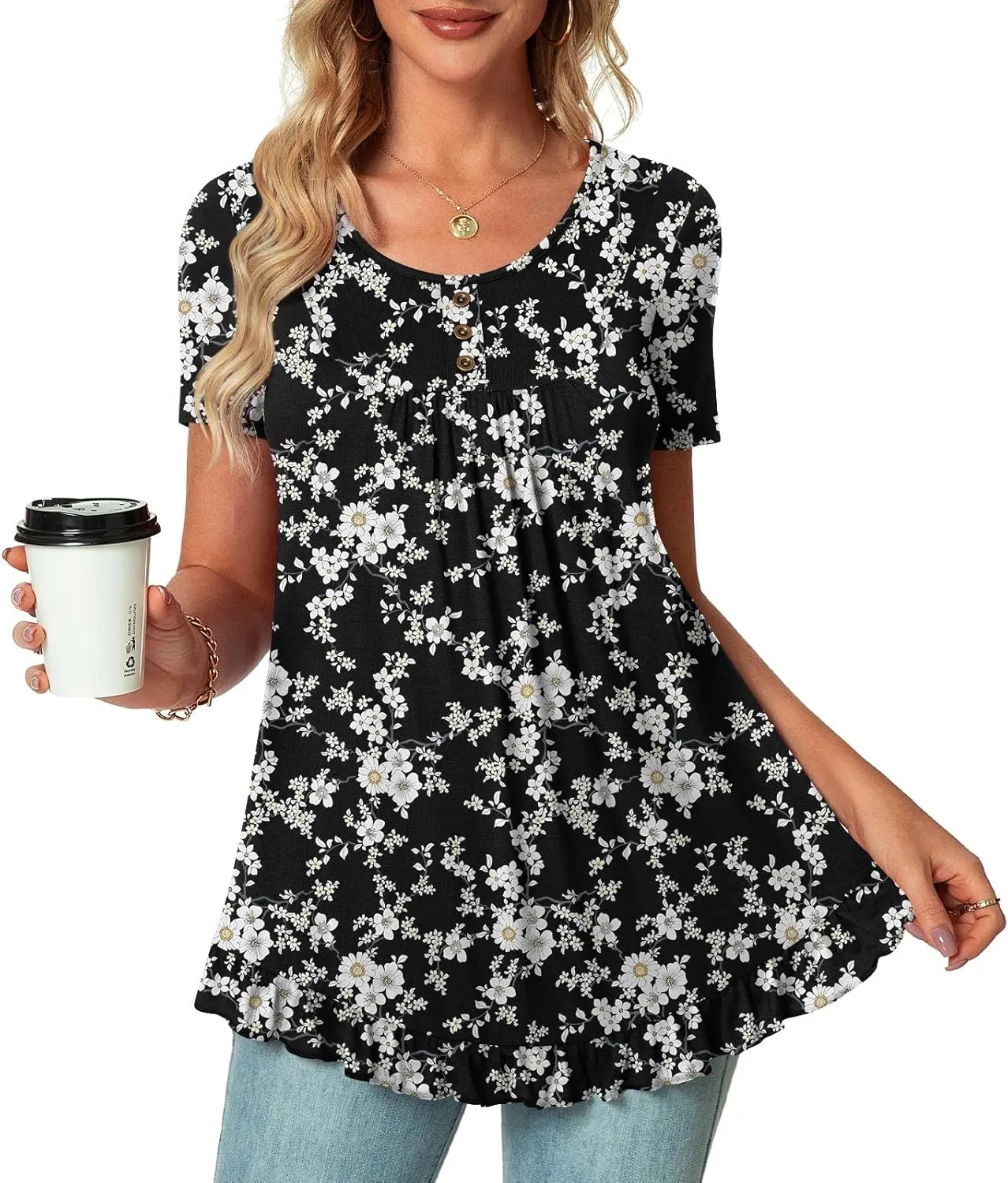 POPYOUNG Tunic Tops for Women Dressy Loose Fit Casual Short Sleeve Long Shirts Ruffled Hem Blouse wear with Leggings