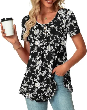 POPYOUNG Tunic Tops for Women Dressy Loose Fit Casual Short Sleeve Long Shirts Ruffled Hem Blouse wear with Leggings