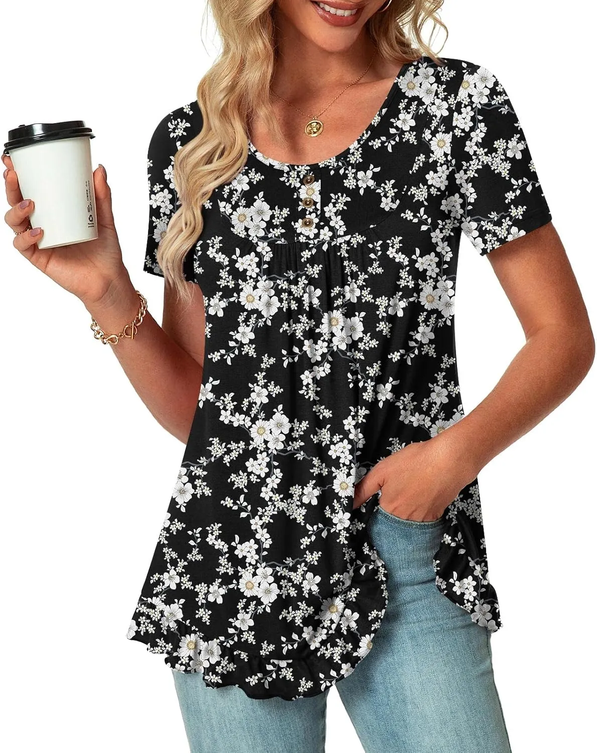 POPYOUNG Tunic Tops for Women Dressy Loose Fit Casual Short Sleeve Long Shirts Ruffled Hem Blouse wear with Leggings