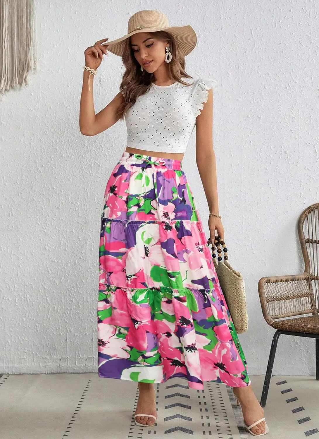 POPZONE Women Maxi Skirts Flowy High Waist Long Skirts Casual Tiered Summer Skirts for Women