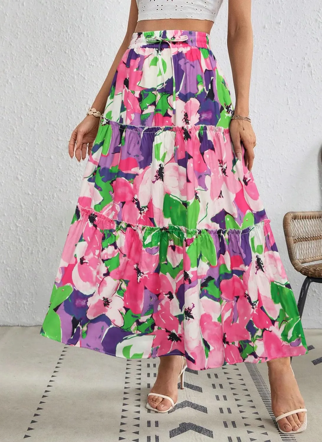 POPZONE Women Maxi Skirts Flowy High Waist Long Skirts Casual Tiered Summer Skirts for Women