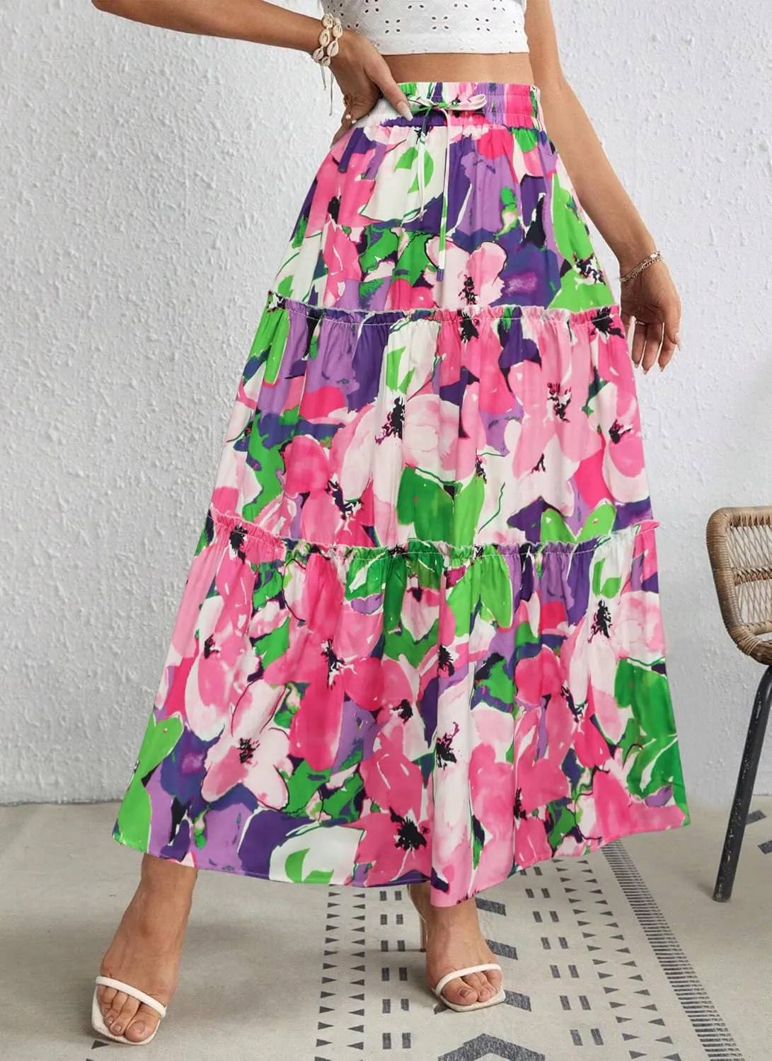 POPZONE Women Maxi Skirts Flowy High Waist Long Skirts Casual Tiered Summer Skirts for Women