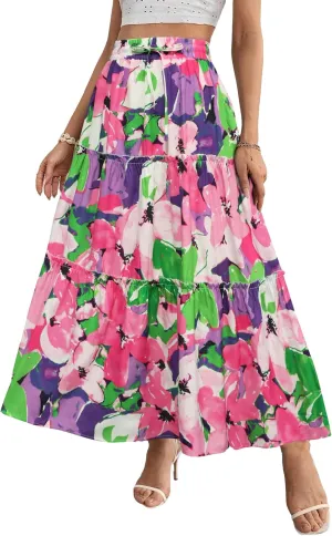 POPZONE Women Maxi Skirts Flowy High Waist Long Skirts Casual Tiered Summer Skirts for Women
