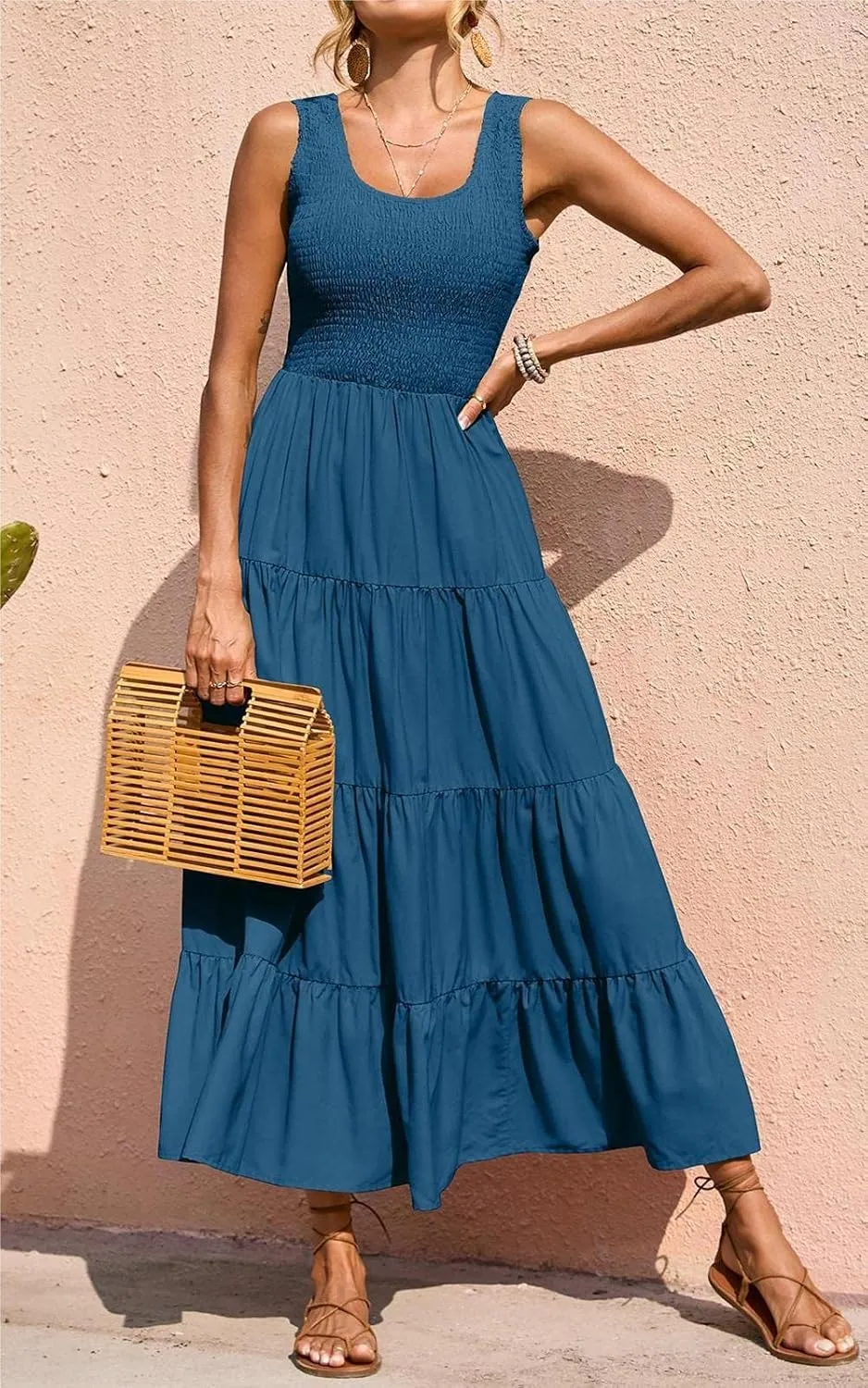 PRETTYGARDEN Women's 2025 Casual Loose Plain Maxi Sundress Smocked Tank Dress Sleeveless Summer Beach Tiered Long Dresses