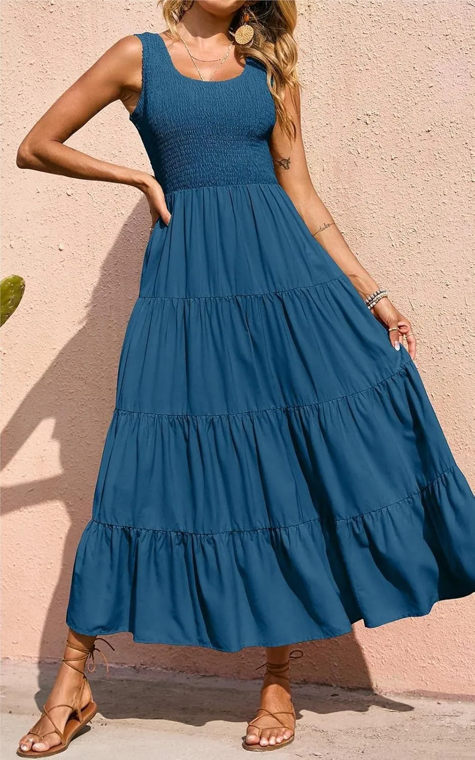 PRETTYGARDEN Women's 2025 Casual Loose Plain Maxi Sundress Smocked Tank Dress Sleeveless Summer Beach Tiered Long Dresses