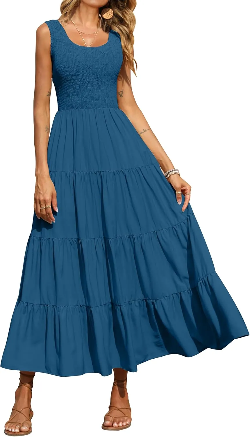 PRETTYGARDEN Women's 2025 Casual Loose Plain Maxi Sundress Smocked Tank Dress Sleeveless Summer Beach Tiered Long Dresses
