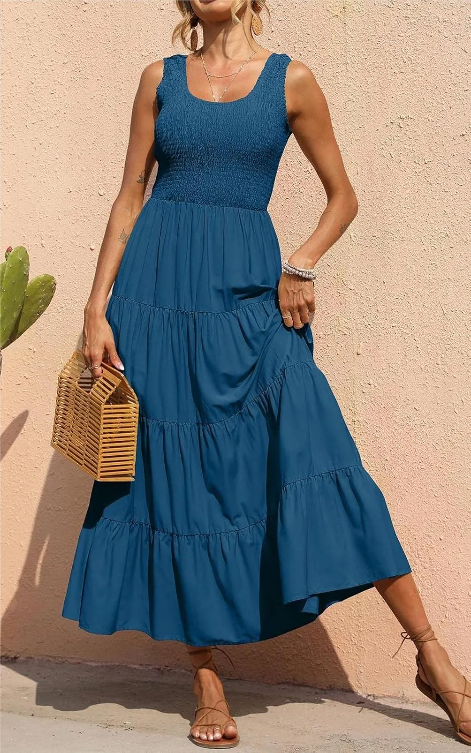 PRETTYGARDEN Women's 2025 Casual Loose Plain Maxi Sundress Smocked Tank Dress Sleeveless Summer Beach Tiered Long Dresses