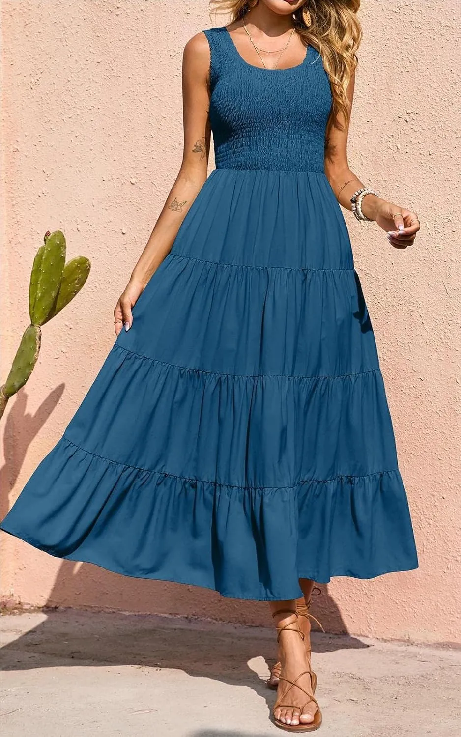 PRETTYGARDEN Women's 2025 Casual Loose Plain Maxi Sundress Smocked Tank Dress Sleeveless Summer Beach Tiered Long Dresses