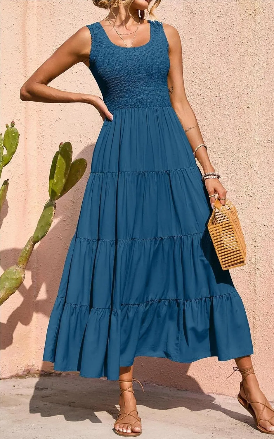 PRETTYGARDEN Women's 2025 Casual Loose Plain Maxi Sundress Smocked Tank Dress Sleeveless Summer Beach Tiered Long Dresses