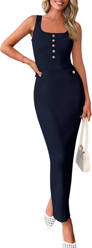 PRETTYGARDEN Women's 2025 Summer Bodycon Maxi Dresses Sleeveless Buttons Knit Spring Elegant Wedding Guest Cocktail Dress