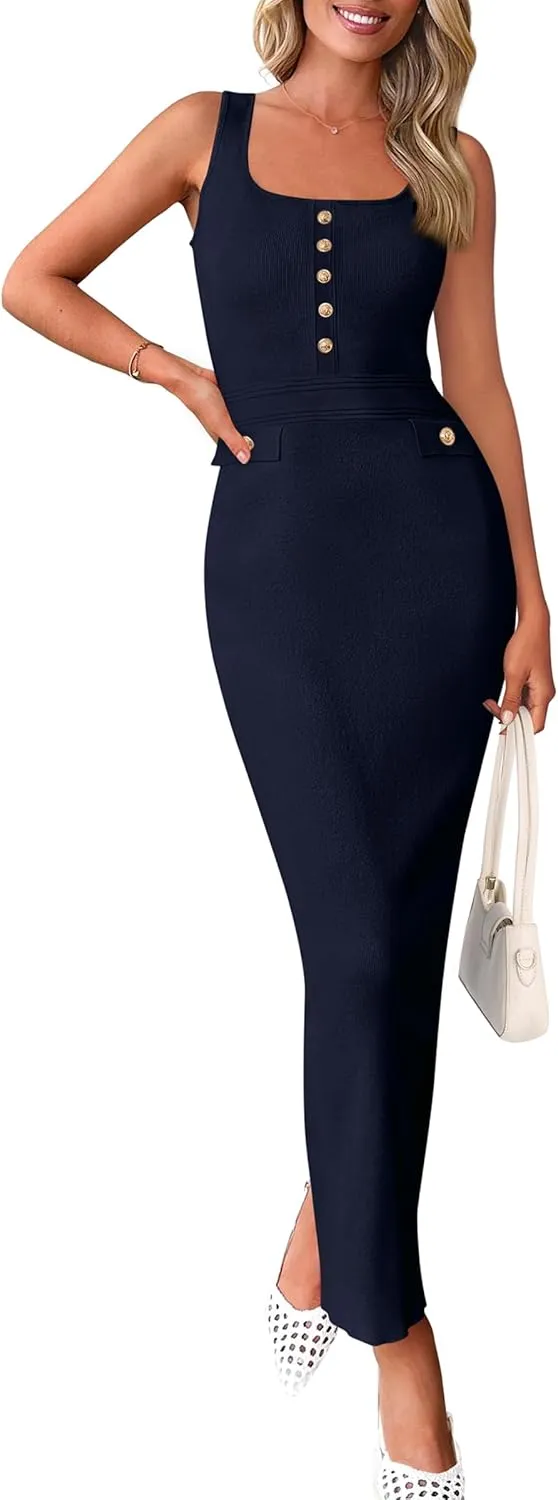 PRETTYGARDEN Women's 2025 Summer Bodycon Maxi Dresses Sleeveless Buttons Knit Spring Elegant Wedding Guest Cocktail Dress