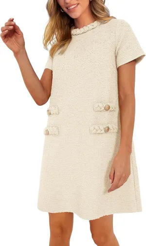 PRETTYGARDEN Women's Summer Tweed Short Dress Crewneck Short Sleeve A Line Mini Casual Elegant Cute Party Vintage Dresses